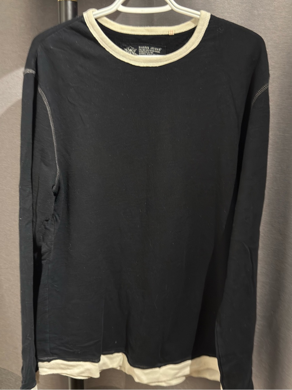 Guess Men's Black Long-Sleeve Crewneck with Cream Contrast Trim